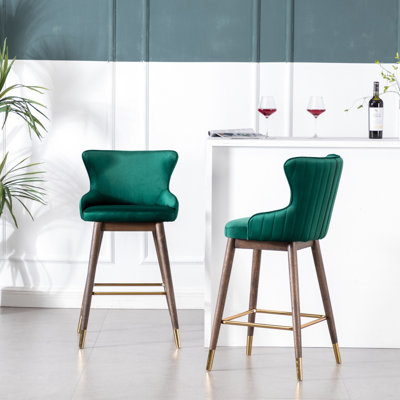 2pcs Wingback Bar Stools - Thick Foam Padded, Velvet-like Upholstery, Mid-century Inspired Look, Form, Tapered Legs, Solid Rubberwood, Walnut Finish, Gold-tone Metal Adornment, 19.7"w X 20.5"d 40.2"h