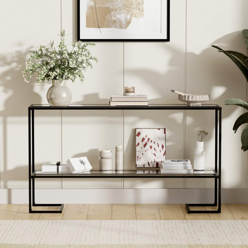 52" Modern C-Shaped Glass Console Table - Double Layer Tempered Glass Sofa Table for Living Room, Entryway - Sturdy Metal Frame, Slim Design, Contemporary Hallway Table