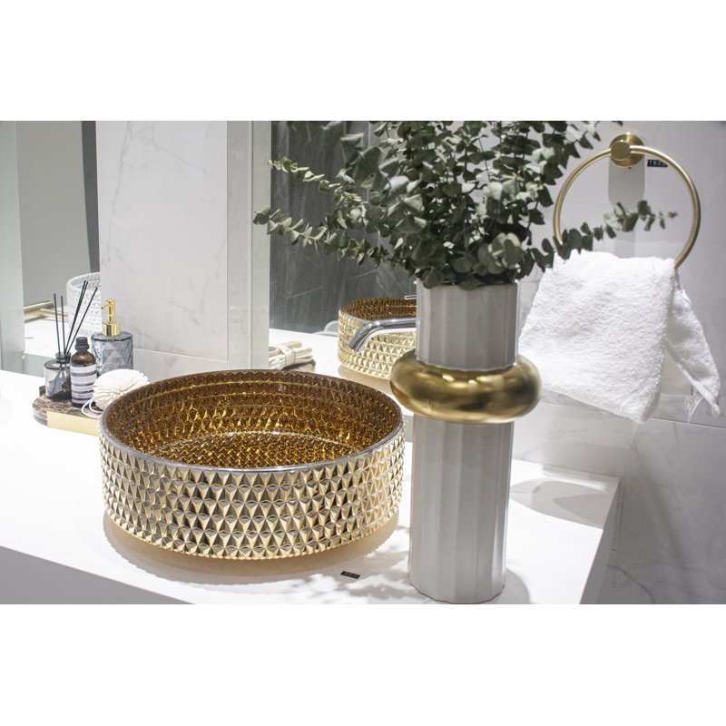 Selected 15.55'' Glass Circular Bathroom Sink, Golden Pink