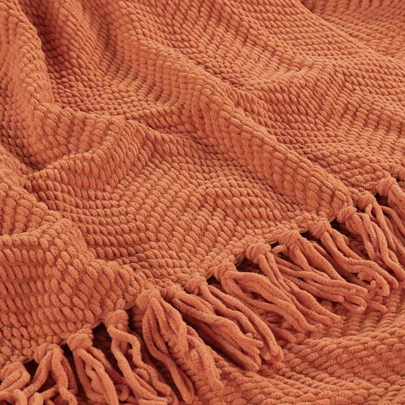 Rust Knitted Reversible Throw Blanket with Braided Tassels, 60" x 80"