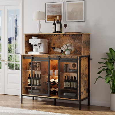 41.5"W Sideboard And Buffet With Metal Sliding Barn Doors; Wine Cabinet With Wine Racks; Coffee Bar Cabinet With Adjustable LED Lights; Buffet Cabinet With Adjustable Shelves
