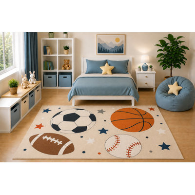 "Ultra Lightweight" 5'x7' Kids Area Rug Sports Balls Pattern Rug Soccer Basketball Baseball Football Bedroom Playroom Nursery Decor for Boys Non-Slip Silicone Backing Low Pile