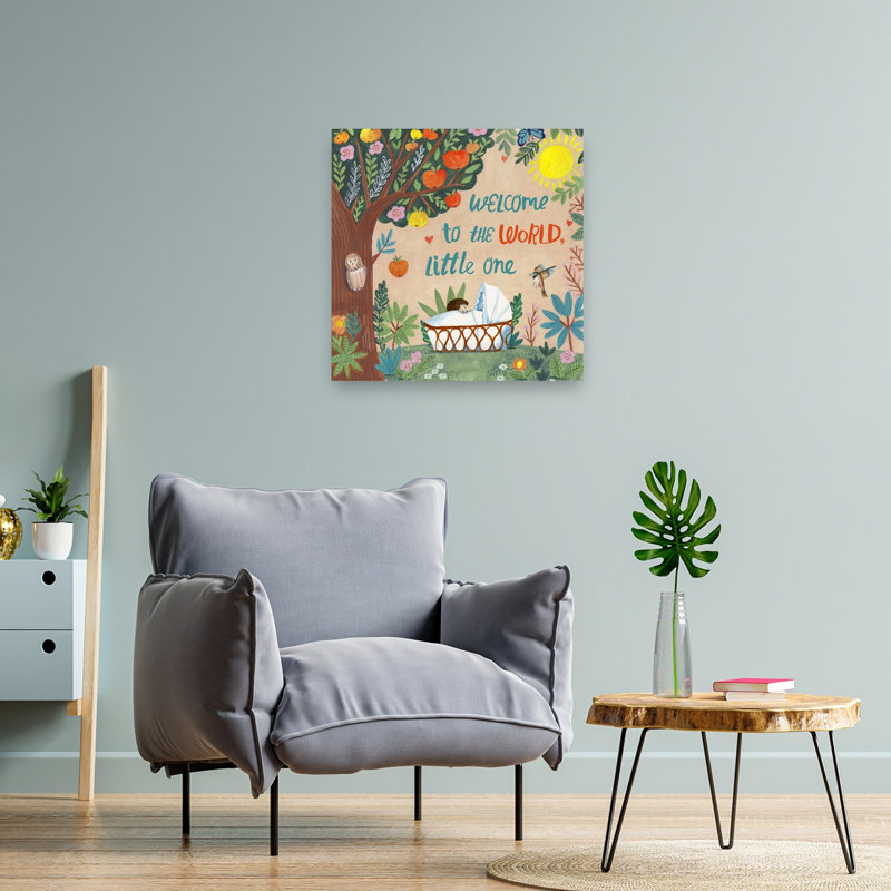 Welcome To The World Abstract Contemporary Apple Tree Butterfly Bird Forest Nature Wall Art Print by Caroline Bonne Muller - Wrapped Canvas Print