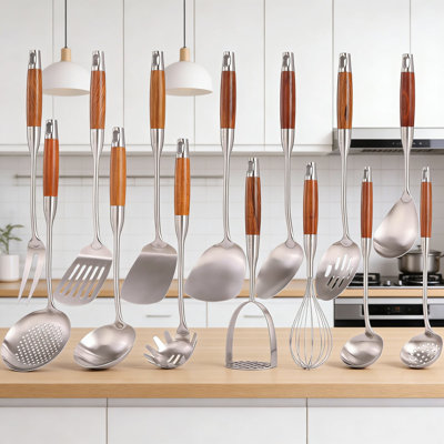 14-Piece Professional Stainless Steel Kitchen Utensil Set With Wooden Handles, Includes Whisk, Spatula, Turner, Ladle, Spoons And More For Cooking And Serving