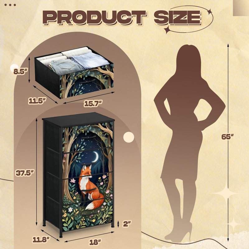 Commode rustique pour la chambre à coucher avec 4 tiroirs de rangement Fox Floral Forest Crescent Moon Night