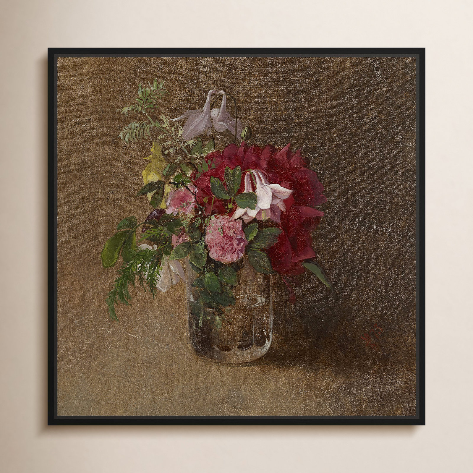Flowers In A Glass Canvas Flower Vase Glam Wall Art by Art Remedy, 13" H x 13" W, Black Framed