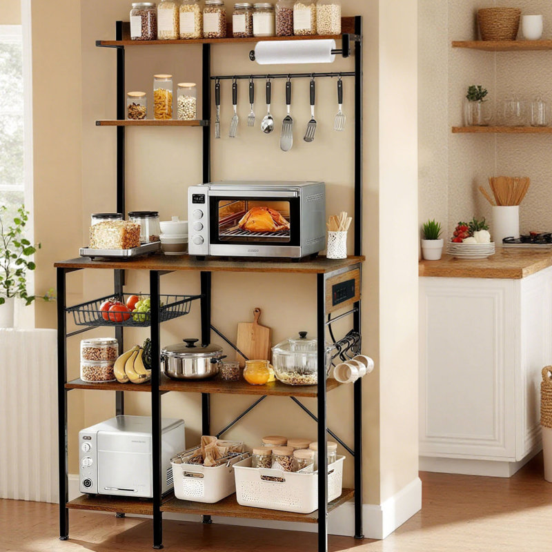 Étagère de boulanger, prise de courant, crochets, support pour micro-ondes, bar à café, panier en fil de fer, tablette de cuisine, fruits, désordre de comptoir, conception multicouche, pieds réglables d'épices, enchevêtrement de corde, rangement aéré,