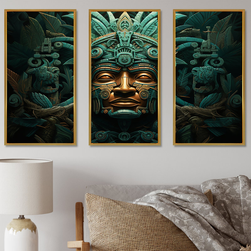 Ensemble de salon Maya Magic Aztec Mask I - art mural mexicain, Cadre flottant doré, H 32 po x l 48 po