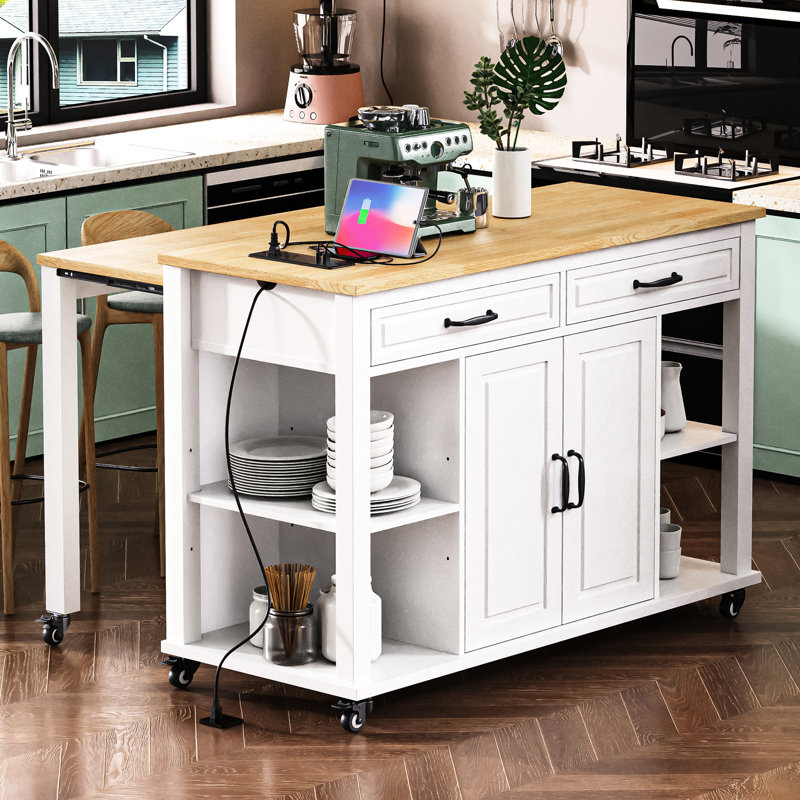 47 - Inch Kitchen Cart With Extendable Table, Rubber Wood Veneer Top, Adjustable Shelving Units, Soft Close Cabinet Hinges Shelf,