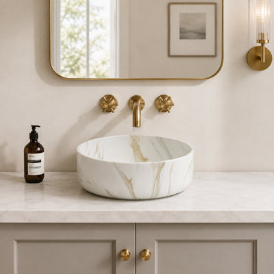 14" Matte White Ceramic Round Vessel Bathroom Sink with Textured Stone Look