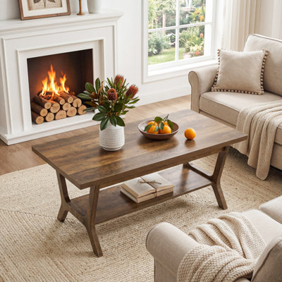 Coffee Table with Storage Shelf, 47.3" Industrial Wood Coffee Tables for Living Room, Home Office, Rustic Brown