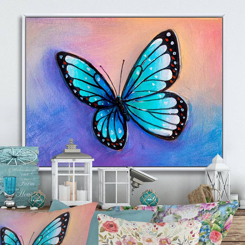 «Abstract Blue Morpho Butterfly», reproduction sur toile flottante, H 8 po x l 12 po x P 1 po, Cadre flottant blanc