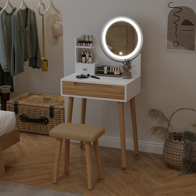 Dressing Table With Led Lighted Mirror, Makeup Vanity Table With Drawer And Stool, 60cm Desktop
