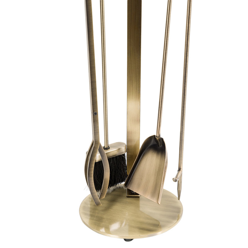 Modern Ember Knoll Fireplace Tool Set - Includes Brush, Shovel, Fire Poker, Tongs, and Stand - Steel, Aged Brass