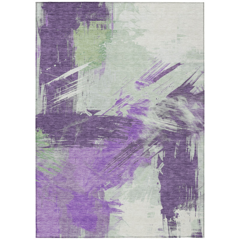 3' X 5' Purple Mint Green And Ivory Abstract Washable Indoor Outdoor Area Rug