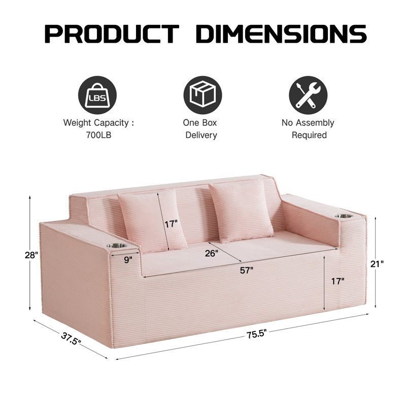 Boneless Brinae Upholstered Boneless Sofa Loveseat with 2 Cup Holders, Pink