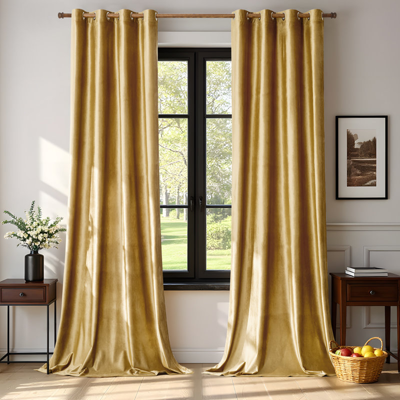 Velvet Blackout Thermal Curtain Panel –  Room-Darkening Grommet Solid Color Drapes for Living Room Bedroom (Set of 2), Gold