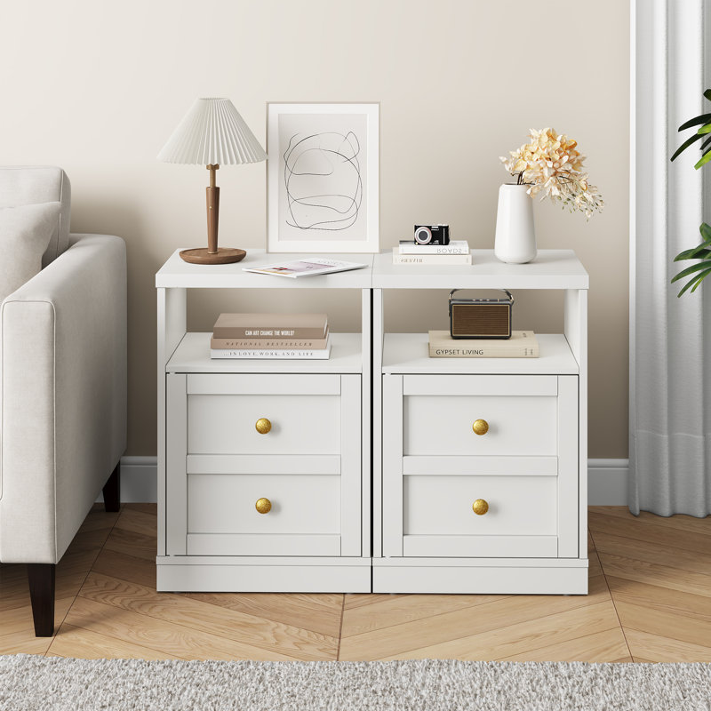 Modern Nightstand With Door & Open Shelf,Set of 2, White