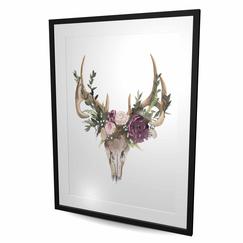 Crâne de cerf avec fleurs - reproduction florale encadrée pour la décoration intérieure, H 48 po x l 36 po