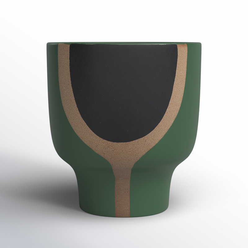 Boho 10" Emerald Ceramic Planter in Mushroom Shape, Green/Beige/Black