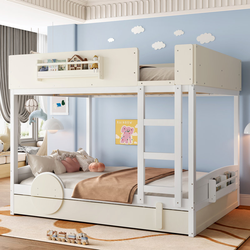 Grand lit superposé avec lit gigogne, lit superposé en bois pour enfants avec bibliothèque et garde-corps, blanc et beige