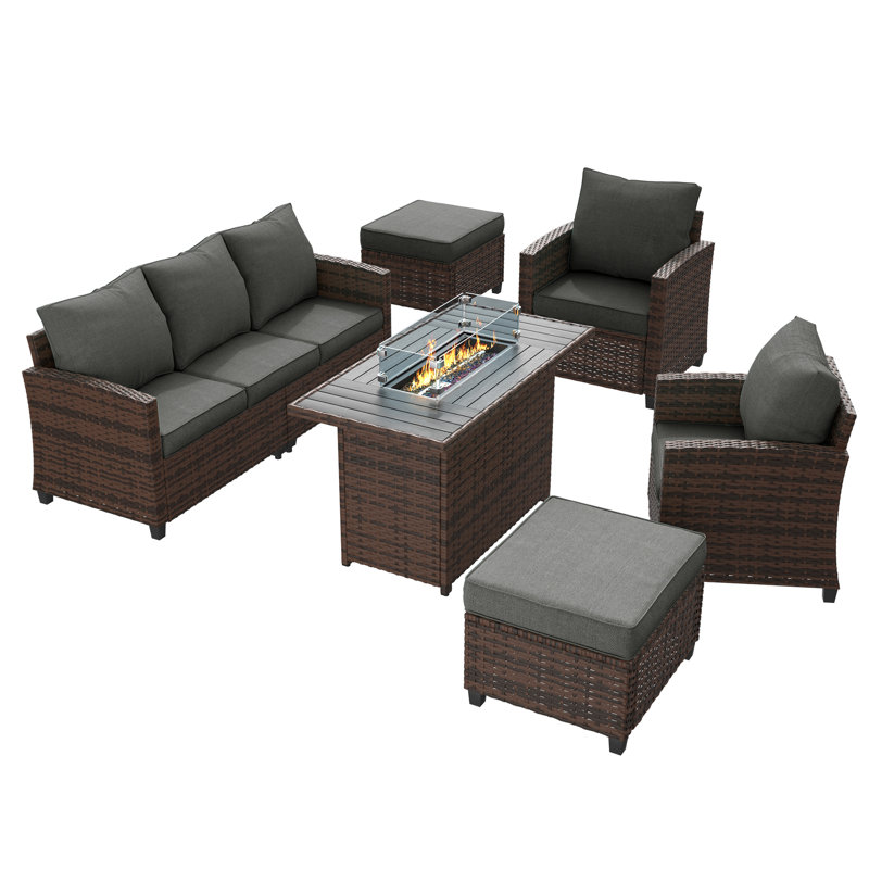 Rikuto Wicker 5 - Person Patio Conversation Set with Cushions, Brown Frame/Gray Cushion