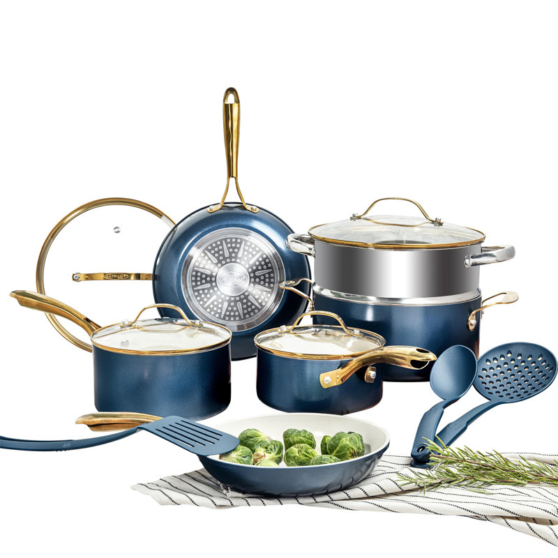 Navy and Gold 15-Piece Nonstick Stainless Steel Cookware Set