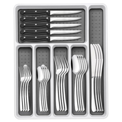49-Piece Stainless Steel Silverware Set For 8 People With Drawer Organizer, Heavy Duty Flatware Cutlery Set Including Steak Knives, Mirror Polished Rust Resistant Tableware, Dishwasher Safe