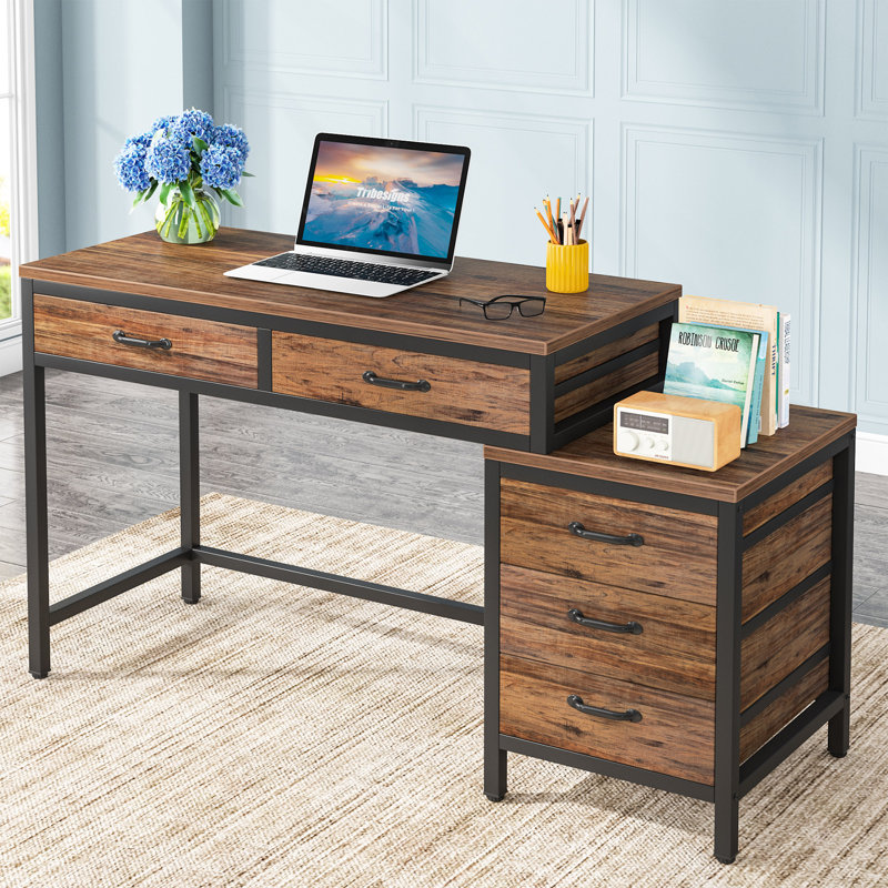 51''W Reversible Desk with Drawers, Brown/Black