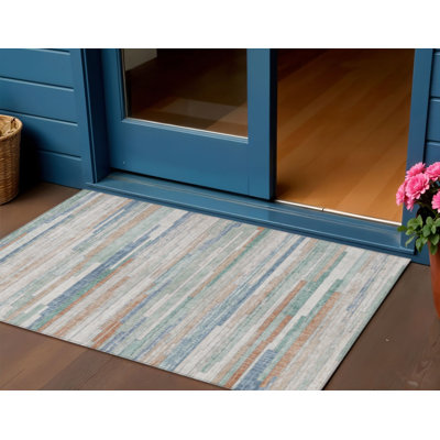 Tapis intérieur / extérieur 3 pi x 5 pi à rayures turquoise lavable