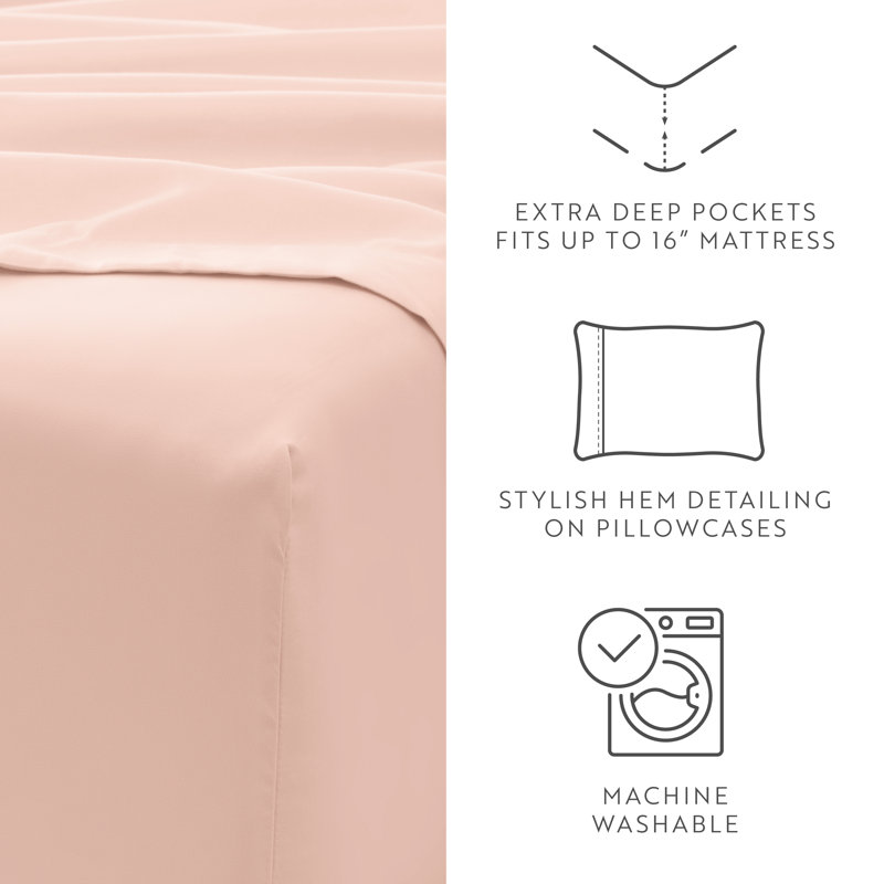 Sheet Set Solid Microfiber Ultra Soft Bedding, King Sheet Set with 2 Pillowcases, Blush