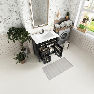 Meuble-lavabo de 30 po avec lavabo encastré, bois massif et noir, un tiroir rabattable, deux tiroirs, une tablette réglable, une fonctionnalité de style moderne pour un entretien facile