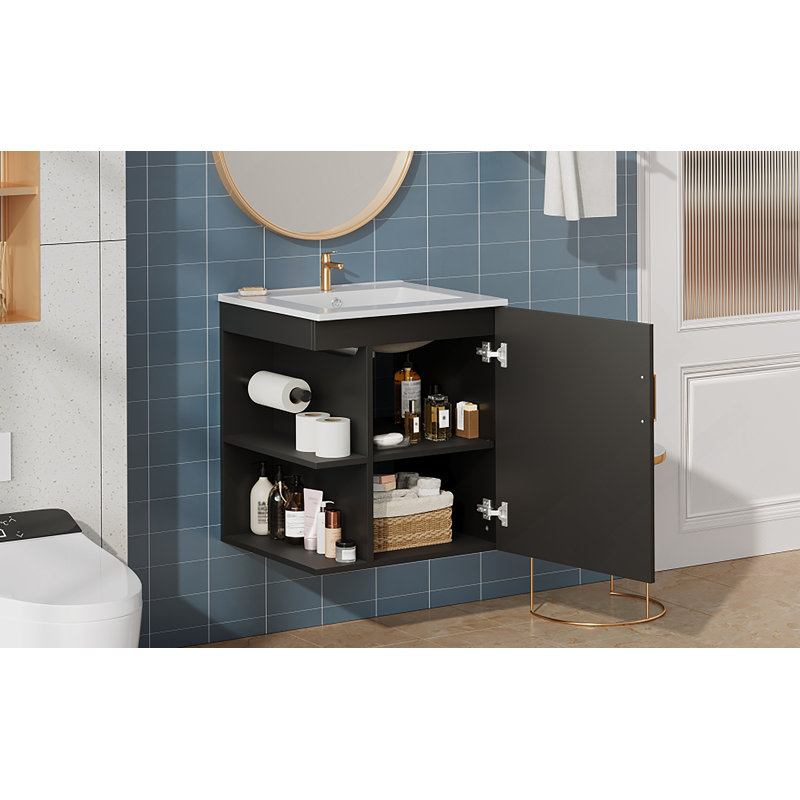 Meuble-lavabo mural, armoire de salle de bain avec lavabo et porte à fermeture en douceur, Noir