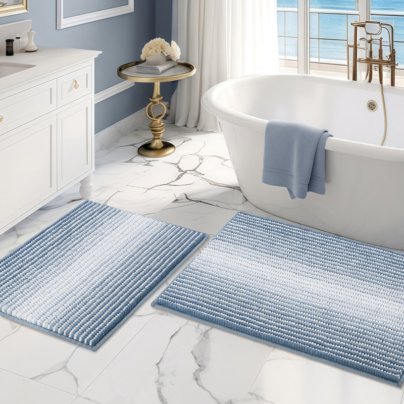 Luxury Chenille Bathroom Rug Set, Textured Shaggy 2-Piece Bath Mats, Fog Blue, 20" x 32" Plus 16" x 24"