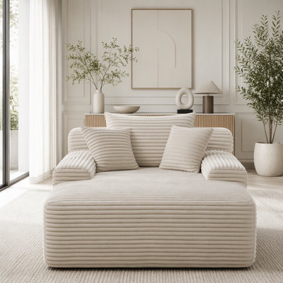 No-Assembly Convertible Chaise Lounge with Wide Armrest, Pillows and Plush Corduroy