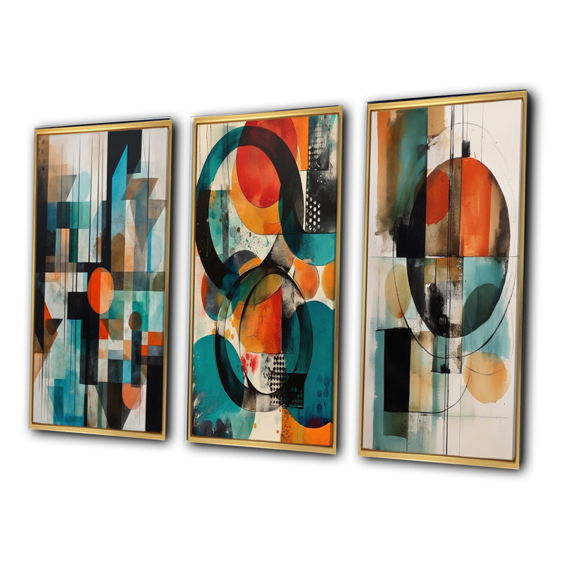 3 pièces sur toile - Explorations géométriques abstraites orange, H 40 po x l 60 po, Cadre flottant doré
