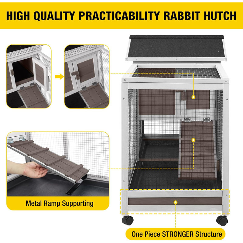 Weather Resistant Hutch with Ramp, Dark Brown/White