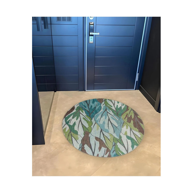 Green Blue Leaves Woven Base Modern Decorative Carpet, Round 5'