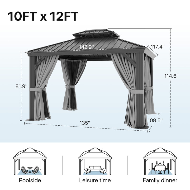 Permanent Hardtop Gazebo Aluminum Gazebo with Galvanized Steel Double Roof, 12 Ft. W x 10 Ft. D