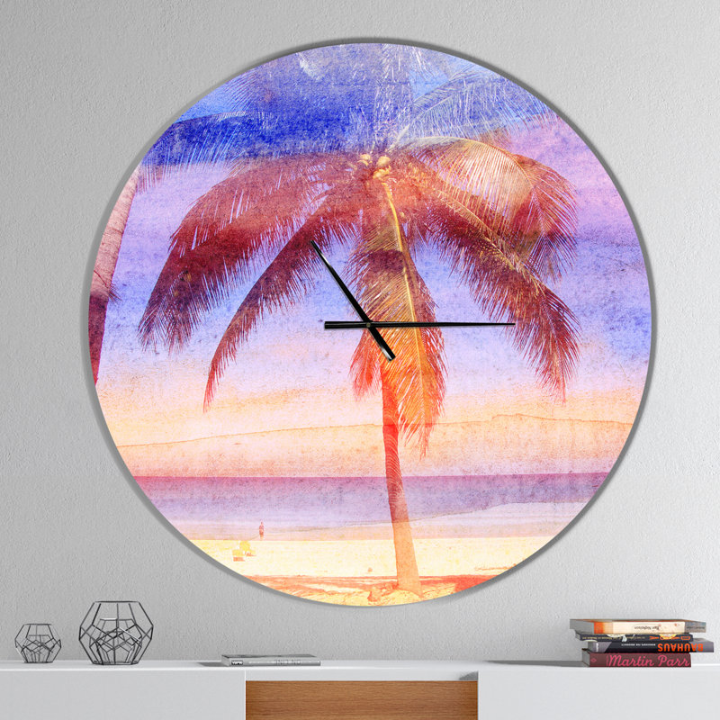 Rétro palmier bleu clair aquarelle - horloge murale moderne, Grand