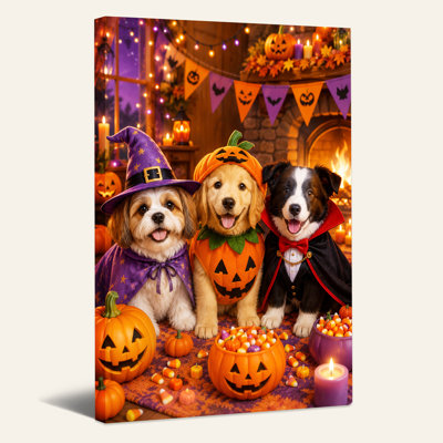 «Three Dogs In Costumes With Pumpkins Candy Corn», art mural sur toile