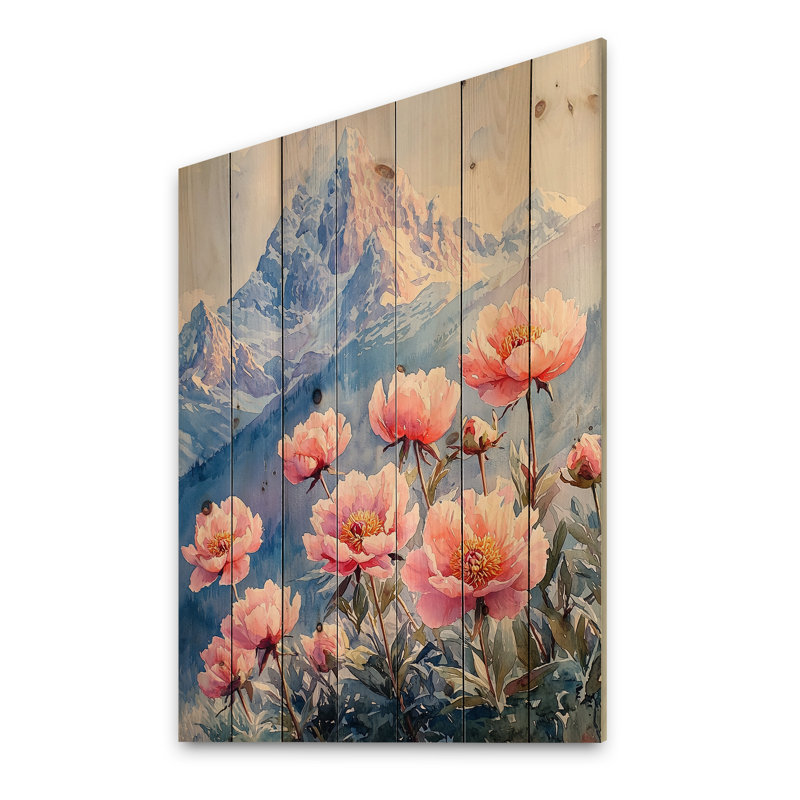 Pivoines et sommet de montagne II - Art mural en bois pivoines - sur bois de pin naturel, H 20 po x l 10 po x P 0,78 po