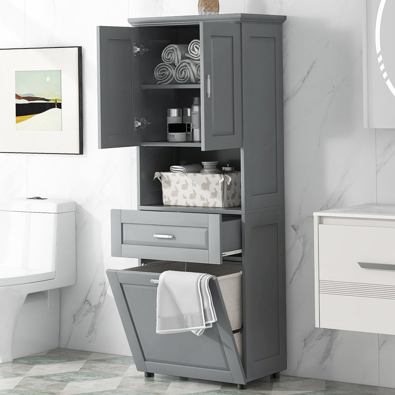 Tall Bathroom Cabinet With Laundry Basket, Large Storage Space, Gray