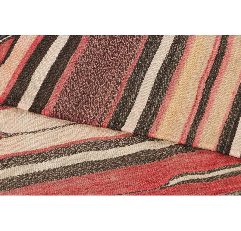 Vintage Azerbaijani Kilim With Beige-Brown And Red Stripes - Rug & Kilim