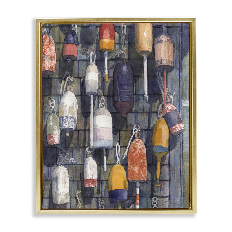 Cadre flottant aquarelle avec bouées suspendues, design par Patti Bishop, H 21 po x l 17 po, Cadre flottant métallique doré