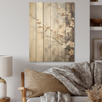 Minimalisme blanc et gris cerisier en fleurs I - art mural en bois de cerisier en bois sur pin naturel