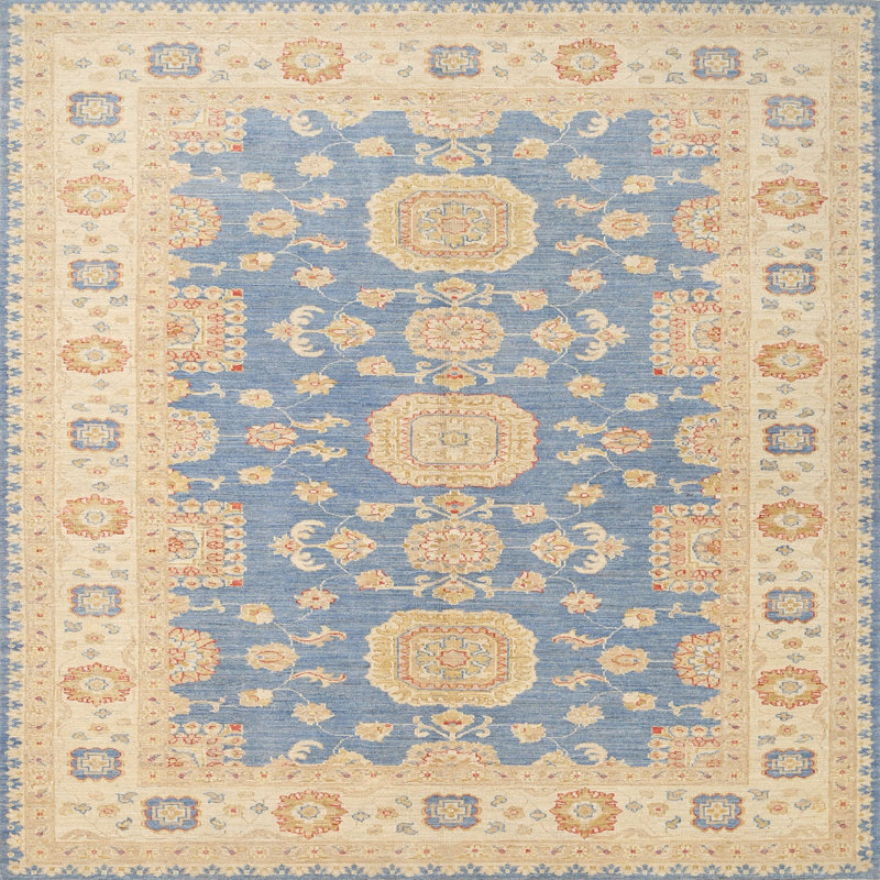 Tapis bleu/beige traditionnel Purvi, Carré 3 pi