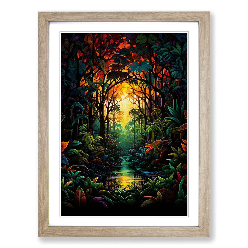 Jungle Abstract - Single Picture Frame Print on Wood, Oak , 34cm H x 25cm W x 2cm D