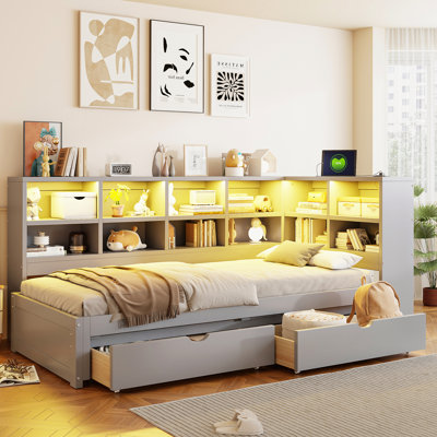 YDT Twin XL to King Daybed with Two Storage Drawers, Storage Cabinets, LED Light and USB Ports, Gray