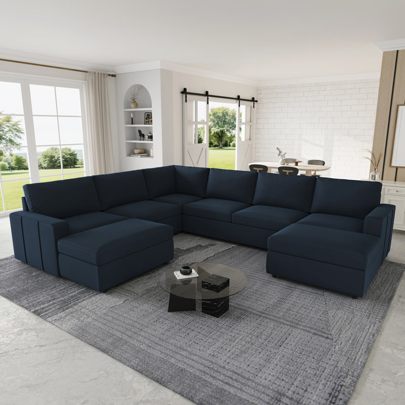 Storage U-Shaped Sectional Corner Sofa With Two Ottomans, Blue Velvet